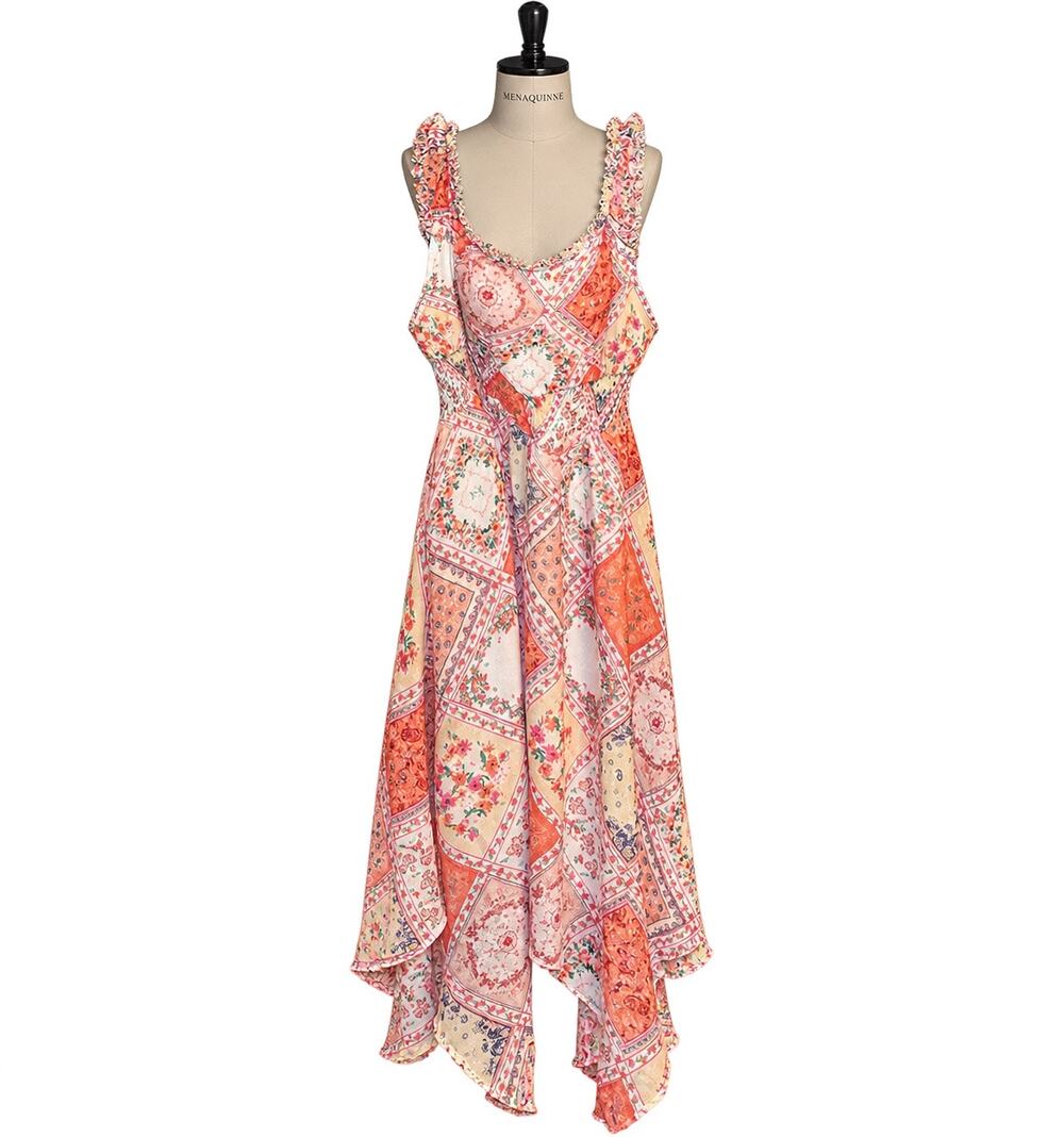 Boho Floral Paisley Maxi Dress Ruffle Strap Asymmetrical Hem